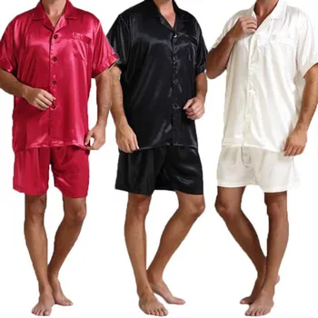 Vīriešu Zīda Satīna Pidžamas ar Īsām Piedurknēm Pidžamas Komplekts Pogu uz Leju Sleepwear Loungewear Naktsveļu Topi+Šorti 2gab Melni Balts M-3XL