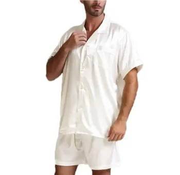 Vīriešu Zīda Satīna Pidžamas ar Īsām Piedurknēm Pidžamas Komplekts Pogu uz Leju Sleepwear Loungewear Naktsveļu Topi+Šorti 2gab Melni Balts M-3XL