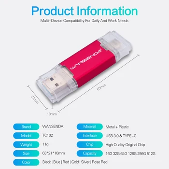 WANSENDA USB 3.0, USB Flash Drive C TIPA Pen Drive 512 GB un 256 gb Pendrive par C Tipa Mobilo/GAB 32GB 64GB, 128GB Memoria USB Stick