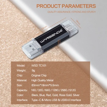 WANSENDA USB Flash Drive 3 IN 1 USB3.0 & Type C & Micro Usb OTG Pen Drive 32GB 64GB, 128GB un 256 gb 512 GB lielu Ātrumu Pendrives
