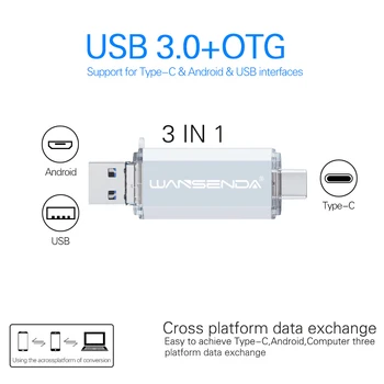 WANSENDA USB Flash Drive 3 IN 1 USB3.0 & Type C & Micro Usb OTG Pen Drive 32GB 64GB, 128GB un 256 gb 512 GB lielu Ātrumu Pendrives