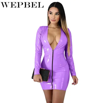WEPBEL Rudens Modes Augsta Vidukļa V-veida kakla ar garām Piedurknēm Mini Kleita Sieviešu Sexy tīrtoņa Krāsu PU Apvalku Zip Kleita