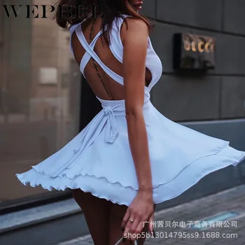 WEPBEL Rudens Modes bez Piedurknēm O-veida Kakla Augsta Vidukļa Mini Kleita Sieviešu Sexy tīrtoņa Krāsu Backless Mežģīnes up Kleita