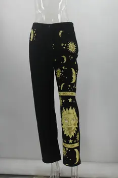Wepbel Sieviešu Džinsi Saule Drukāšanas Gadījuma Melni Džinsi Ielu Stilu, Taisnu Kāju Džinsa Bikses Modes Moderns Džinsa Bikses