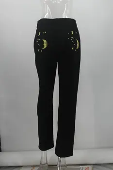 Wepbel Sieviešu Džinsi Saule Drukāšanas Gadījuma Melni Džinsi Ielu Stilu, Taisnu Kāju Džinsa Bikses Modes Moderns Džinsa Bikses