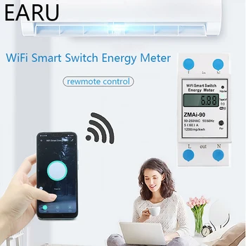WiFi Smart Power Enerģijas Patēriņa Skaitītāju Watt kWh Skaitītājs Voltmetrs 90-250V Din Sliedi Tālvadības Slēdzi Kontroles TUYA Alexa, Google Home