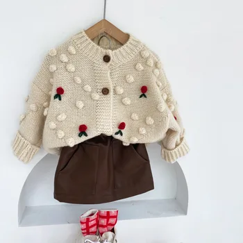 WLG Meitenēm, Džemperi Bērniem Drēbes Rudens Ziemas Trikotāžas Bēša Lelles Ziedu Raksts Džemperis Baby Girl Gadījuma Silts Apģērbs 1-6 Gadiem