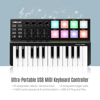 WORLDE Panda MINI 25-Atslēga Ultra-Portable USB MIDI Klaviatūru MIDI Kontrolieris 8 Krāsains Attēls Izraisīt Spilventiņi klavieres tastatūra