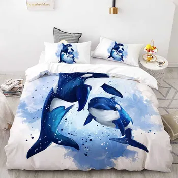 WOSTAR guļamistaba mierinātājs komplekts gultasveļas komplekts luksusa mājas tekstila gultas veļa, sega sedz, uzstādīt un spilvendrāna 3d drukāšanas blue dolphin