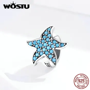 WOSTU 925 Sterling Sudraba Starfish Silikona Aizbāzni Distances Blue Zircon Piekariņi Kulons Fit Original Aproce Pērlīšu Rotaslietas DXC1313