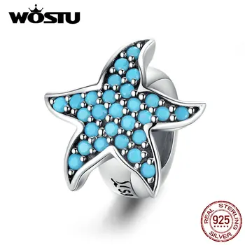 WOSTU 925 Sterling Sudraba Starfish Silikona Aizbāzni Distances Blue Zircon Piekariņi Kulons Fit Original Aproce Pērlīšu Rotaslietas DXC1313
