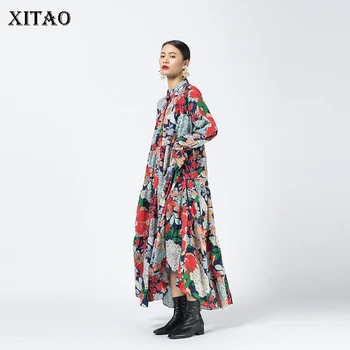 XITAO Vintage Ziedu Drukāt Maxi Kleitas Sievietēm ar garām Piedurknēm Plus Lieluma Mazākumtautību Sieviete Kleitu Modes Tendencēm Rudens XJ5331