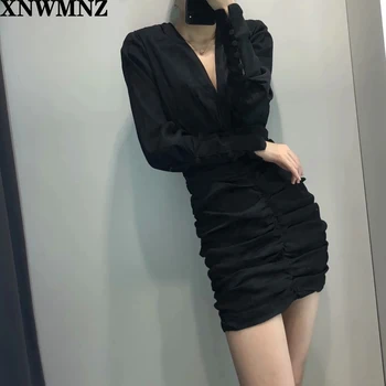 XNWMNZ za kleita 2020 jaunu kleitu sieviešu svētku stils, vintage krokas v-veida kakla sexy mini vestidos de fiesta de noche vestidos