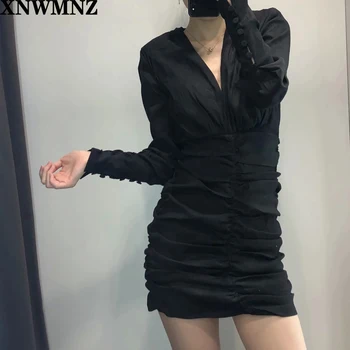XNWMNZ za kleita 2020 jaunu kleitu sieviešu svētku stils, vintage krokas v-veida kakla sexy mini vestidos de fiesta de noche vestidos