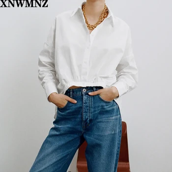 XNWMNZ Za sieviešu Modes 2020. gadam asimetriska poplīns krekls Vintage atloks apkakli, garām piedurknēm hem ar elastīgu krekli, Sieviešu šiks augšā