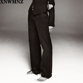 XNWMNZ Za sieviešu Modes hi-pieaugums plaša kāju pilna garuma džinsi Vintage izbalējis bezšuvju hems Augsto Vidukli, Rāvējslēdzēju, pogu, Džinsa Sieviete