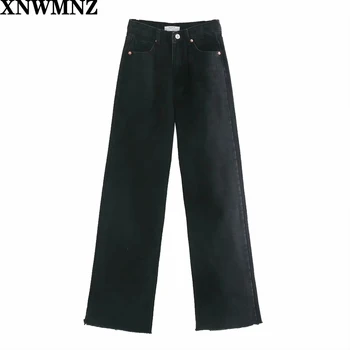XNWMNZ Za sieviešu Modes hi-pieaugums plaša kāju pilna garuma džinsi Vintage izbalējis bezšuvju hems Augsto Vidukli, Rāvējslēdzēju, pogu, Džinsa Sieviete