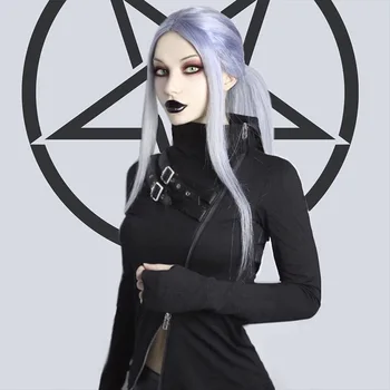 Y Demo Gothic Siksnas Sprādzi Sieviešu T-krekls Slim Harajuku garām Piedurknēm Melnā augstu uzrullētu apkakli Pulovers