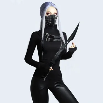 Y Demo Gothic Siksnas Sprādzi Sieviešu T-krekls Slim Harajuku garām Piedurknēm Melnā augstu uzrullētu apkakli Pulovers