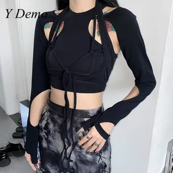 Y Demo Techwear Dobi Ārā T-krekls Sievietēm Raibs O Kakla Mežģīnes Up Caurumi Harajuku Tee 2020. Gada Vasaras Ikdienas Topi