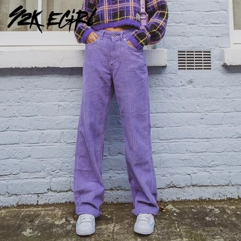 Y2K EGIRL Harajuku Streetwear Violeta Garas Bikses Indie Estētiku Velveta Augsto Vidukli, Taisniem Bikses 90s Modes Gadījuma Apakšā