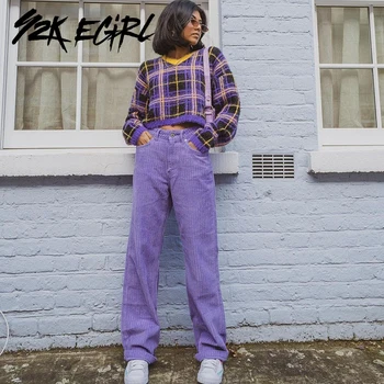 Y2K EGIRL Harajuku Streetwear Violeta Garas Bikses Indie Estētiku Velveta Augsto Vidukli, Taisniem Bikses 90s Modes Gadījuma Apakšā