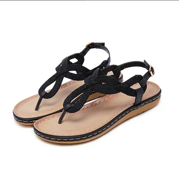 YAERNISandalias de playa de verano para mujer zapatos planos de vacaciones mujer tejido cuero PU bohemia de talla grande sandali