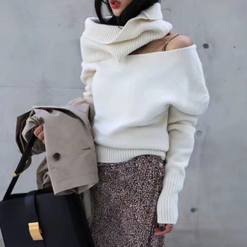 YAMDI vintage bohēmijas 2020. gada pavasarī ziemas augstu uzrullētu apkakli džemperis dobi no trikotāžas džemperis savirmot kroean cieta sieviete slim elegants