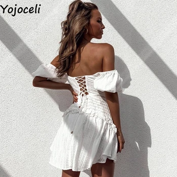 Yojoceli Seksīgas mežģīnes up white savirmot kleita sievietēm Vasarā elegants beach īsa kleita Ikdienas ikdienas īsās mini kleita vestidos