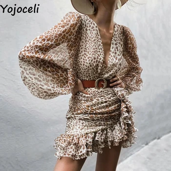 Yojoceli Sexy leopard liels savirmot īss bodycon Puse kleita rudens šiks v veida kakla kleita Sieviešu kluba ikdienas mini eleganta kleita