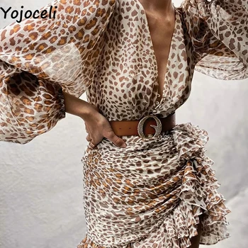 Yojoceli Sexy leopard liels savirmot īss bodycon Puse kleita rudens šiks v veida kakla kleita Sieviešu kluba ikdienas mini eleganta kleita