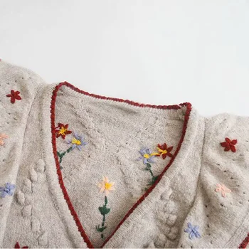 Za 2020. gada Rudenī Izšūti V-veida kakla Trikotāžas Džemperis Dāmas Retro Mežģīņu garām Piedurknēm Jaka Dāmas Gadījuma Brīvs Džemperis