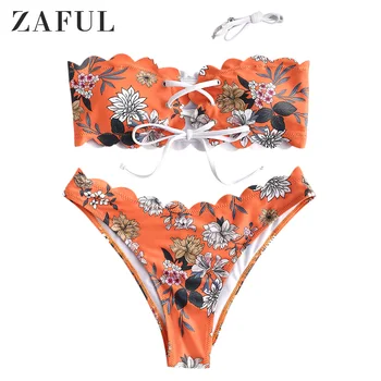 ZAFUL Daisy Drukāt Salāti Mežģīnes-Up Bikini Komplekts Strapless Pie Pleca Lenta Bikini, Peldkostīmi, Sieviešu Sexy peldkostīms 2019