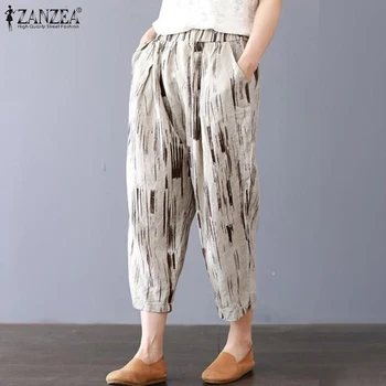 ZANZEA Elastīgs Viduklis Harēma PantsFashion Sieviešu Vasaras Vintage Iespiesti Bikses Vaļīgas, Rāceņu Pantalon Plus Lieluma Gadījuma Palazzo