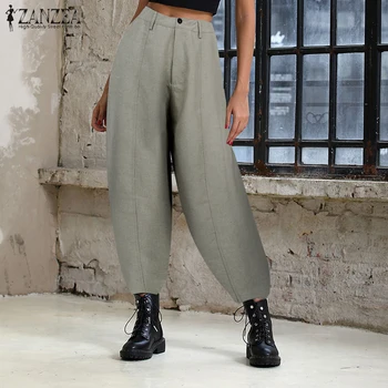 ZANZEA Elegants Sieviešu Augsto Vidukli, Plaša Kāju Bikses Gadījuma Cietā Lanten Bikses Vaļīgas Bikses Dāmas Darba OLA Harēma Pantalon Plus Lieluma