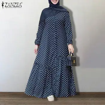 ZANZEA Gadījuma Dubaija Turcija Abaya Kleita, Hijab Atbalsta Mubarek Sieviešu Vintage Polka Dot Iespiesti Sundress garām Piedurknēm Musulmaņu Kleita Drēbes