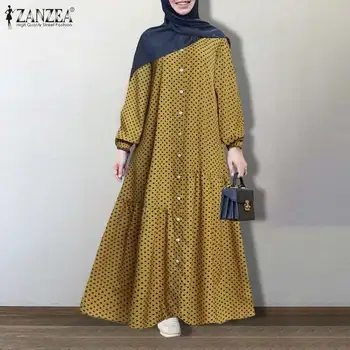 ZANZEA Gadījuma Dubaija Turcija Abaya Kleita, Hijab Atbalsta Mubarek Sieviešu Vintage Polka Dot Iespiesti Sundress garām Piedurknēm Musulmaņu Kleita Drēbes