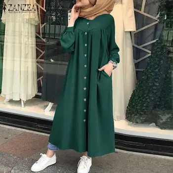 ZANZEA Kaftan Marokens Islāma Sundress Dubaija Turcija Musulmaņu Kleita Sievietēm Ramadāna Kleitas Islāma Drēbes ar garām Piedurknēm Vestidos Femme