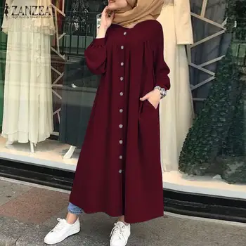 ZANZEA Kaftan Marokens Islāma Sundress Dubaija Turcija Musulmaņu Kleita Sievietēm Ramadāna Kleitas Islāma Drēbes ar garām Piedurknēm Vestidos Femme