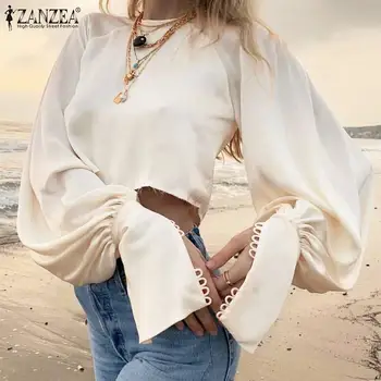 ZANZEA Sexy Crop Topi, Sieviešu Stilīgs Ilgi Laternu Piedurknēm Traipu Blūze Vasaras Kreklu Modes Pusei Kluba Top Dāmas Brīvdienu Blusas