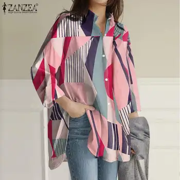 ZANZEA Sieviešu Blūzes Ir 2021. Dāmas Drukāt Krekls Rudens Modes Atloks, Topi Plus Izmēra 5XL Blusas Femininas Gadījuma garām Piedurknēm Tunika