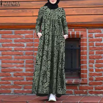 ZANZEA Sieviešu Bohēmijas Vintage Iespiesti Gara Kleita Rudens Sundress Drēbes Femme Vestido Kaftan Musulmaņu Dubaija Abaya Turcija Kleita, Hijab