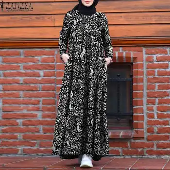 ZANZEA Sieviešu Bohēmijas Vintage Iespiesti Gara Kleita Rudens Sundress Drēbes Femme Vestido Kaftan Musulmaņu Dubaija Abaya Turcija Kleita, Hijab