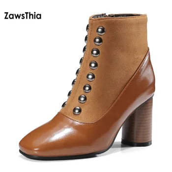 ZawsThia 2020. gadam pavasara dāma brusas toe bieza augstiem papēžiem sieviete radzēm potītes zābaki ar kniedēm, liela izmēra 33-48 modes kurpes sieviete