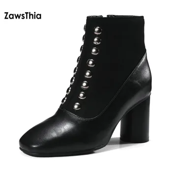 ZawsThia 2020. gadam pavasara dāma brusas toe bieza augstiem papēžiem sieviete radzēm potītes zābaki ar kniedēm, liela izmēra 33-48 modes kurpes sieviete