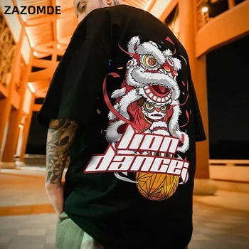 ZAZOMDE Kokvilnas T-krekls Lauva Dejas Drukāt Jūra pavisam Hip Hop īsām piedurknēm Tee Ķīniešu stilā vīrietis Vasaras ielu Modes Gadījuma augšu