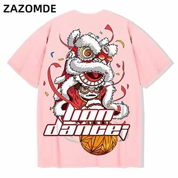 ZAZOMDE Kokvilnas T-krekls Lauva Dejas Drukāt Jūra pavisam Hip Hop īsām piedurknēm Tee Ķīniešu stilā vīrietis Vasaras ielu Modes Gadījuma augšu