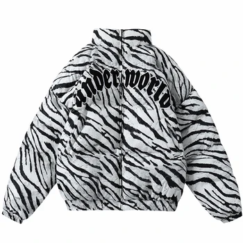 Zebra Drukāt Rakstu Izšūšana Parkas Jaka Harajuku Gadījuma Streetwear Hip Hop Bomber Jacket Modes Biezs Silts Mētelis Outwear