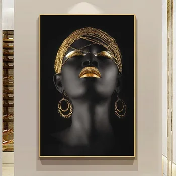 Zelta Black Skandināvijas Sienas, Mākslas Plakātu, Mūsdienu Mākslas Āfrikas Sievietes Portreta Gleznas uz Audekla un Drukāt, lai Dzīvojamā Istaba Dekori