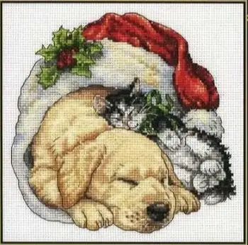 Zelta Colletcion Gudrs Skaitot Cross Stitch Komplektu Ziemassvētku Rītā Mājdzīvnieki Suņa Kucēns Sunītis un Kaķis Kaķēns Kaķēns, vājš 08826 8826